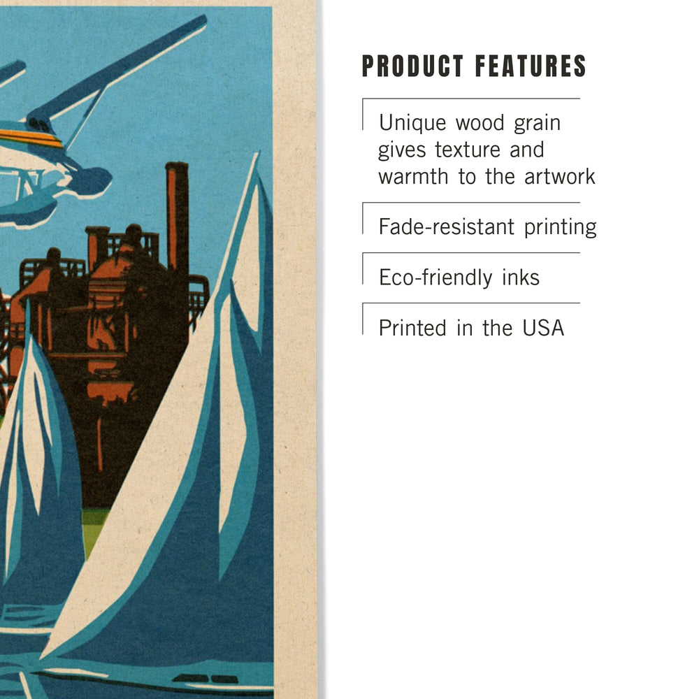 Seattle, Washington, Lake Union, Woodblock, Lantern Press Artwork, Wood Signs and Postcards Wood Lantern Press