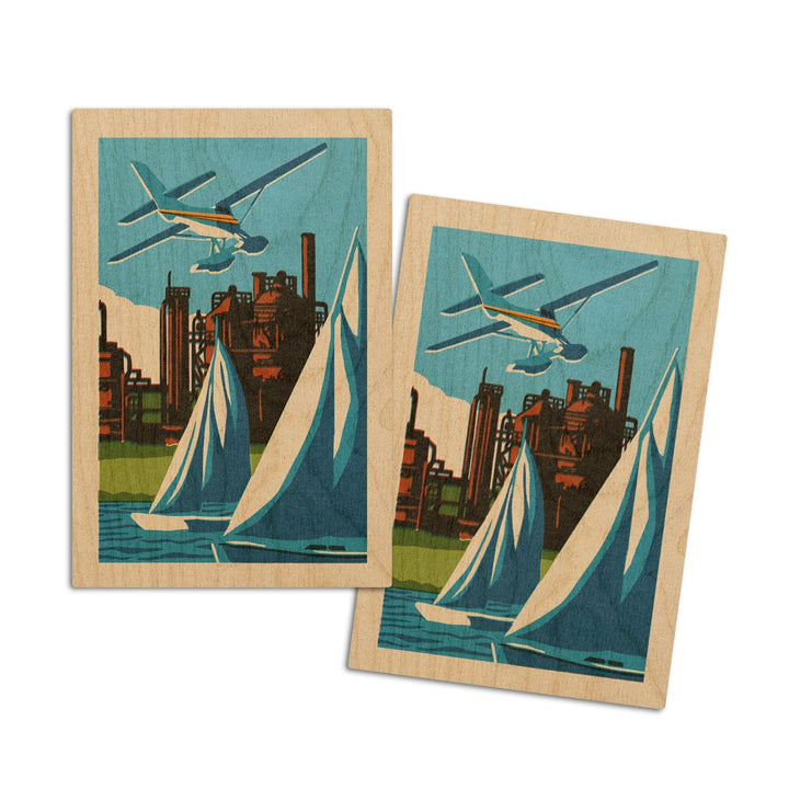 Seattle, Washington, Lake Union, Woodblock, Lantern Press Artwork, Wood Signs and Postcards Wood Lantern Press 4x6 Wood Postcard Set