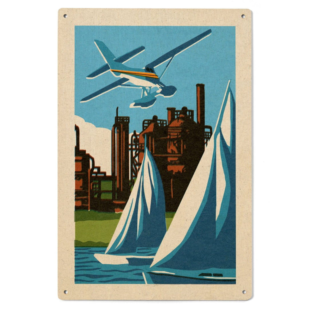 Seattle, Washington, Lake Union, Woodblock, Lantern Press Artwork, Wood Signs and Postcards Wood Lantern Press