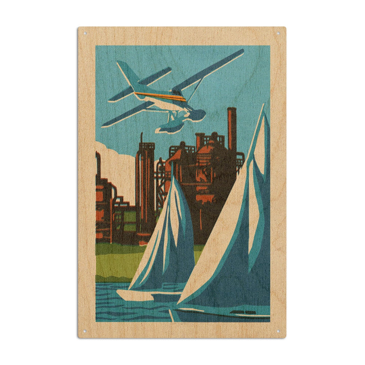 Seattle, Washington, Lake Union, Woodblock, Lantern Press Artwork, Wood Signs and Postcards Wood Lantern Press 6x9 Wood Sign