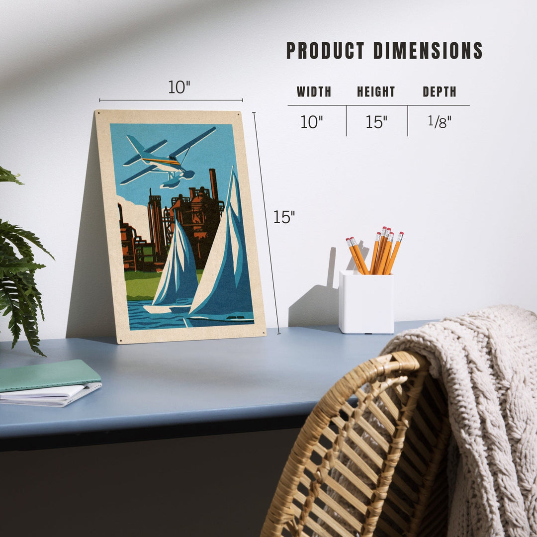 Seattle, Washington, Lake Union, Woodblock, Lantern Press Artwork, Wood Signs and Postcards Wood Lantern Press