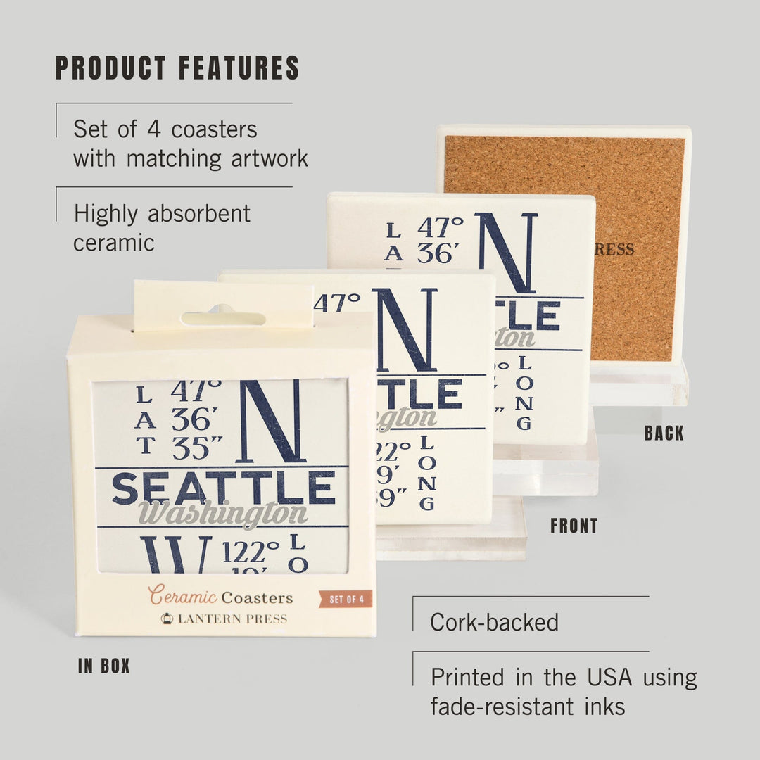 Seattle, Washington, Latitude and Longitude (Blue), Coasters Coasters Lantern Press