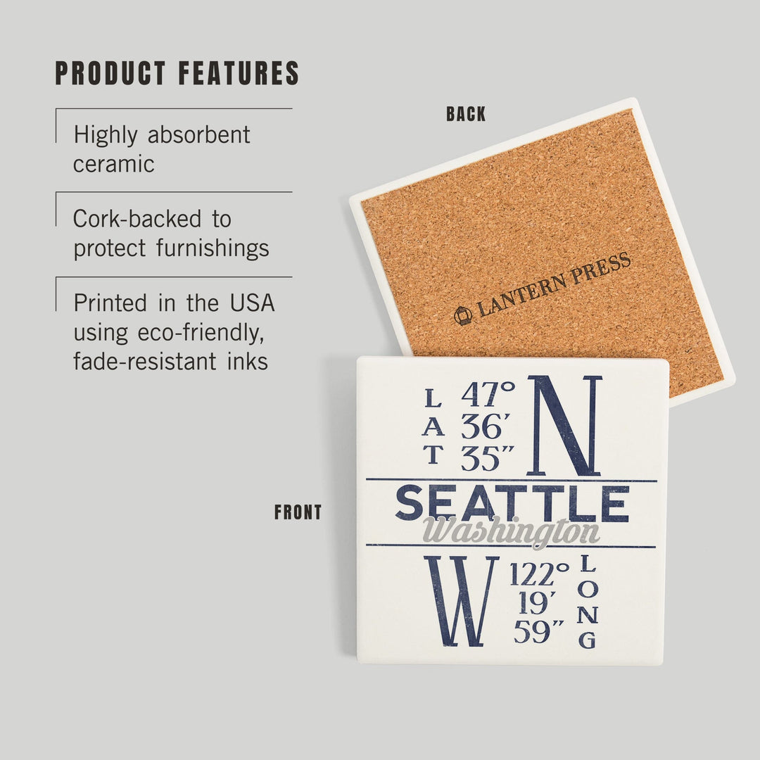 Seattle, Washington, Latitude and Longitude (Blue), Coasters Coasters Lantern Press