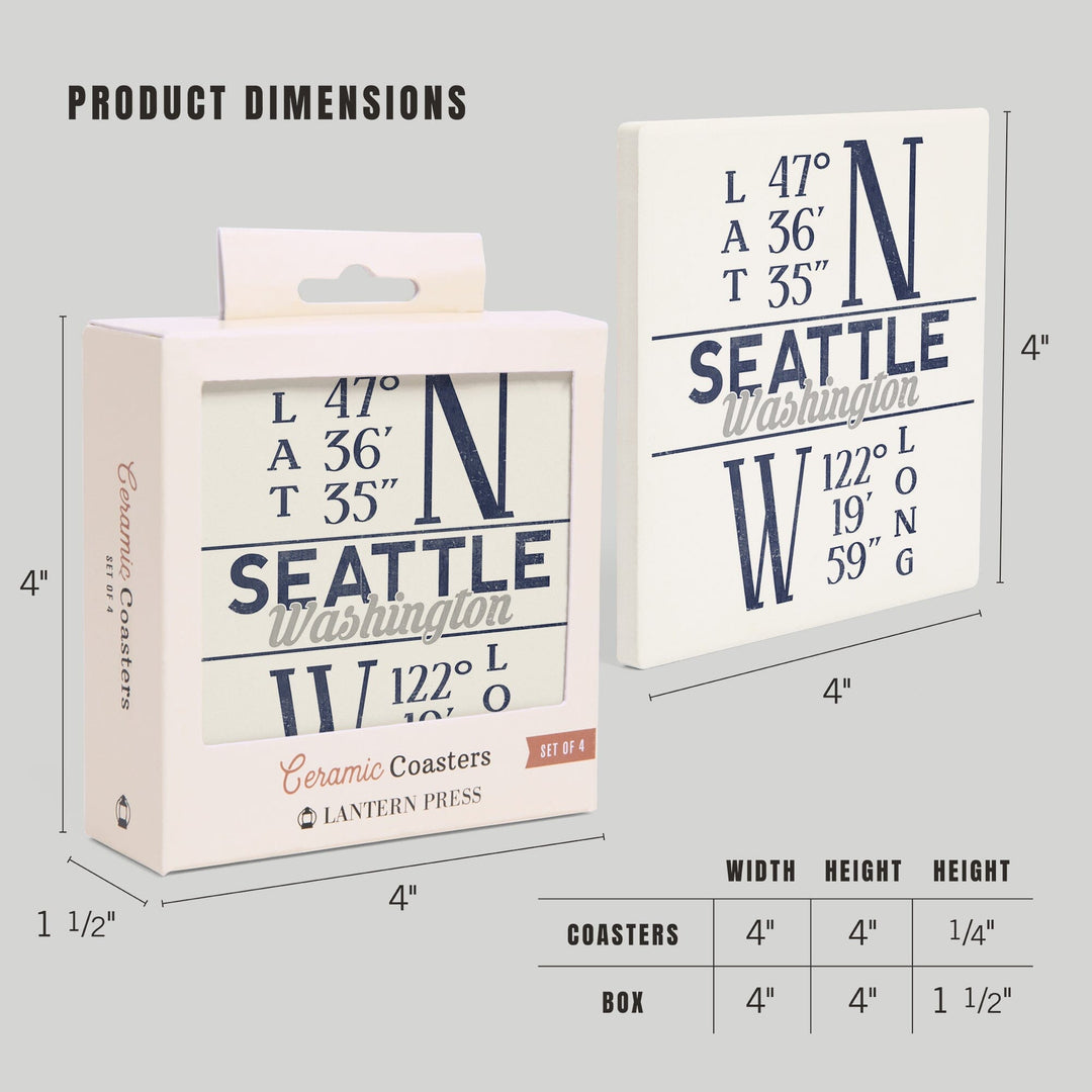 Seattle, Washington, Latitude and Longitude (Blue), Coasters Coasters Lantern Press