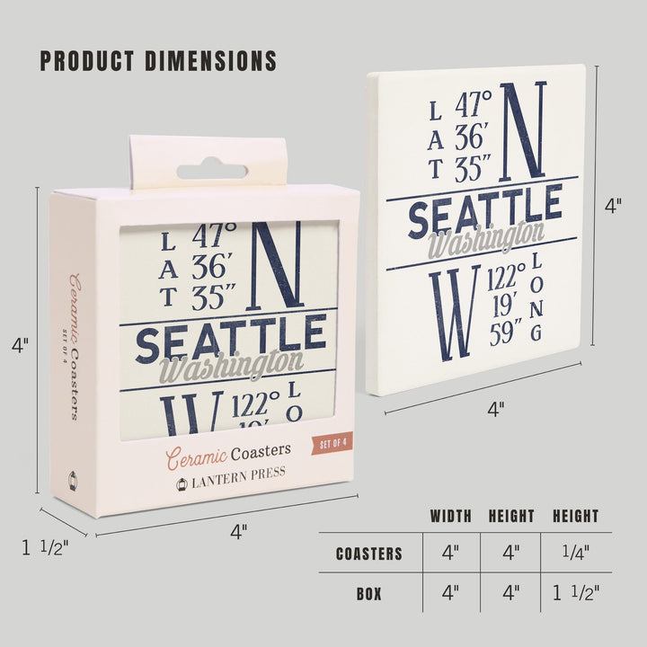 Seattle, Washington, Latitude and Longitude (Blue), Coasters Coasters Lantern Press