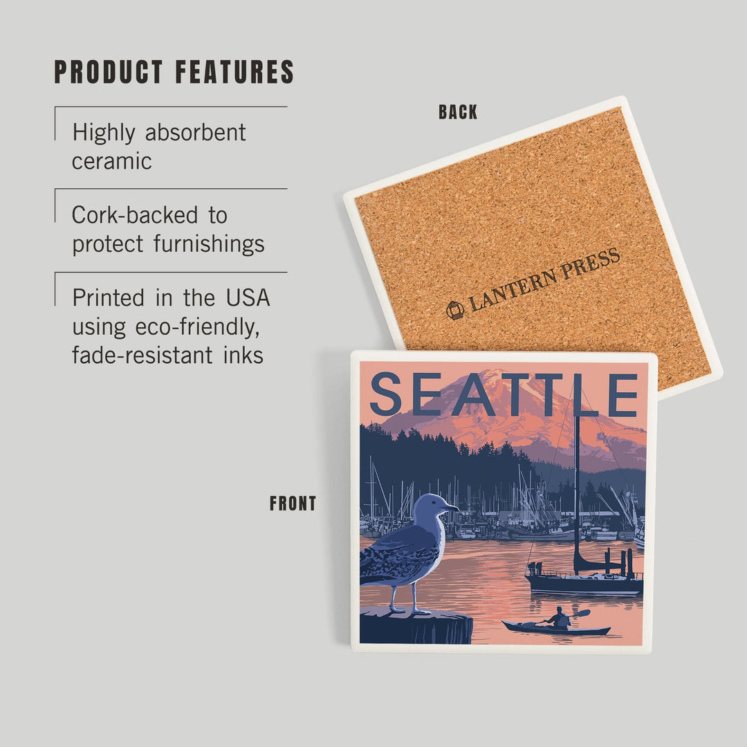 Seattle, Washington, Marina and Rainier at Sunset, Coasters Coasters Lantern Press