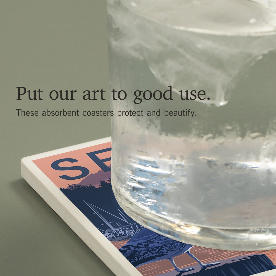 Seattle, Washington, Marina and Rainier at Sunset, Coasters Coasters Lantern Press