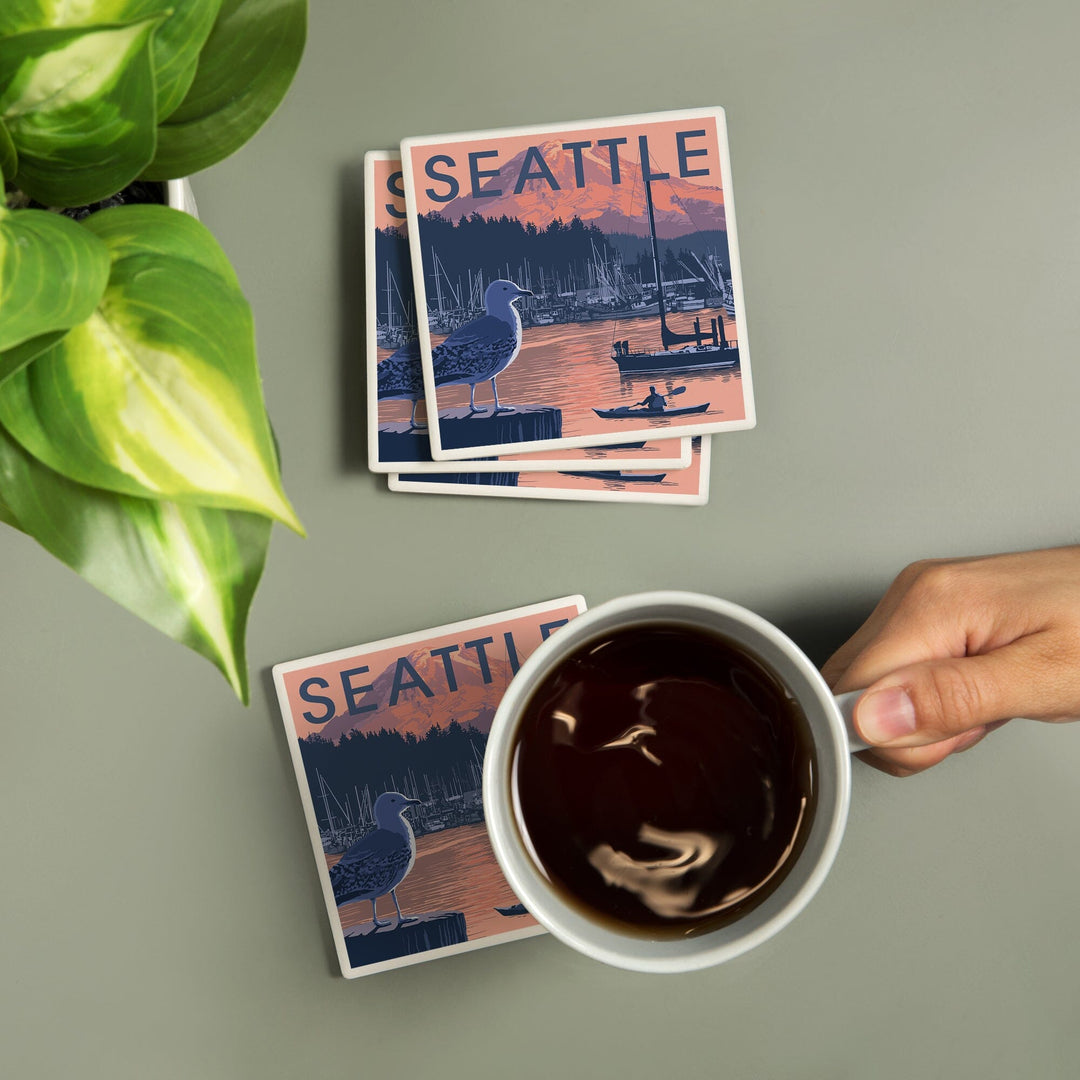 Seattle, Washington, Marina and Rainier at Sunset, Coasters Coasters Lantern Press