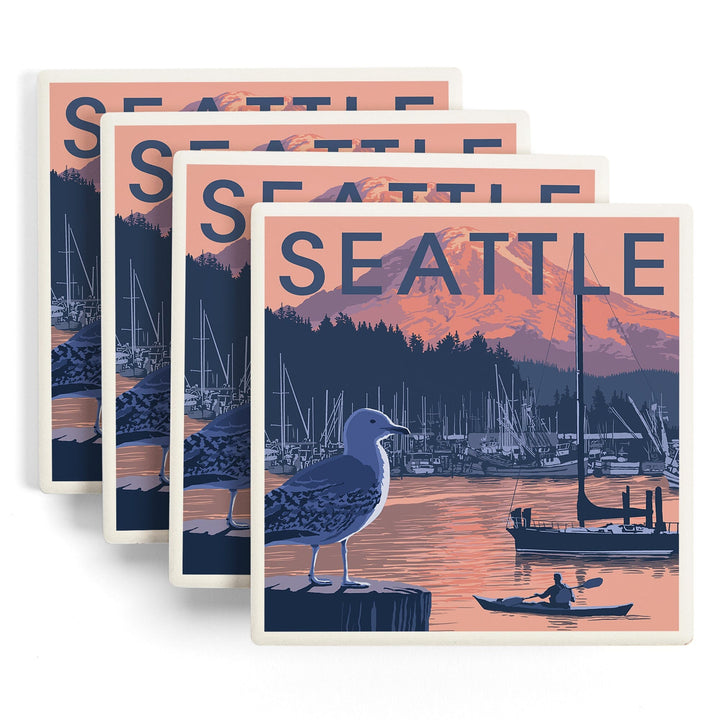 Seattle, Washington, Marina and Rainier at Sunset, Coasters Coasters Lantern Press
