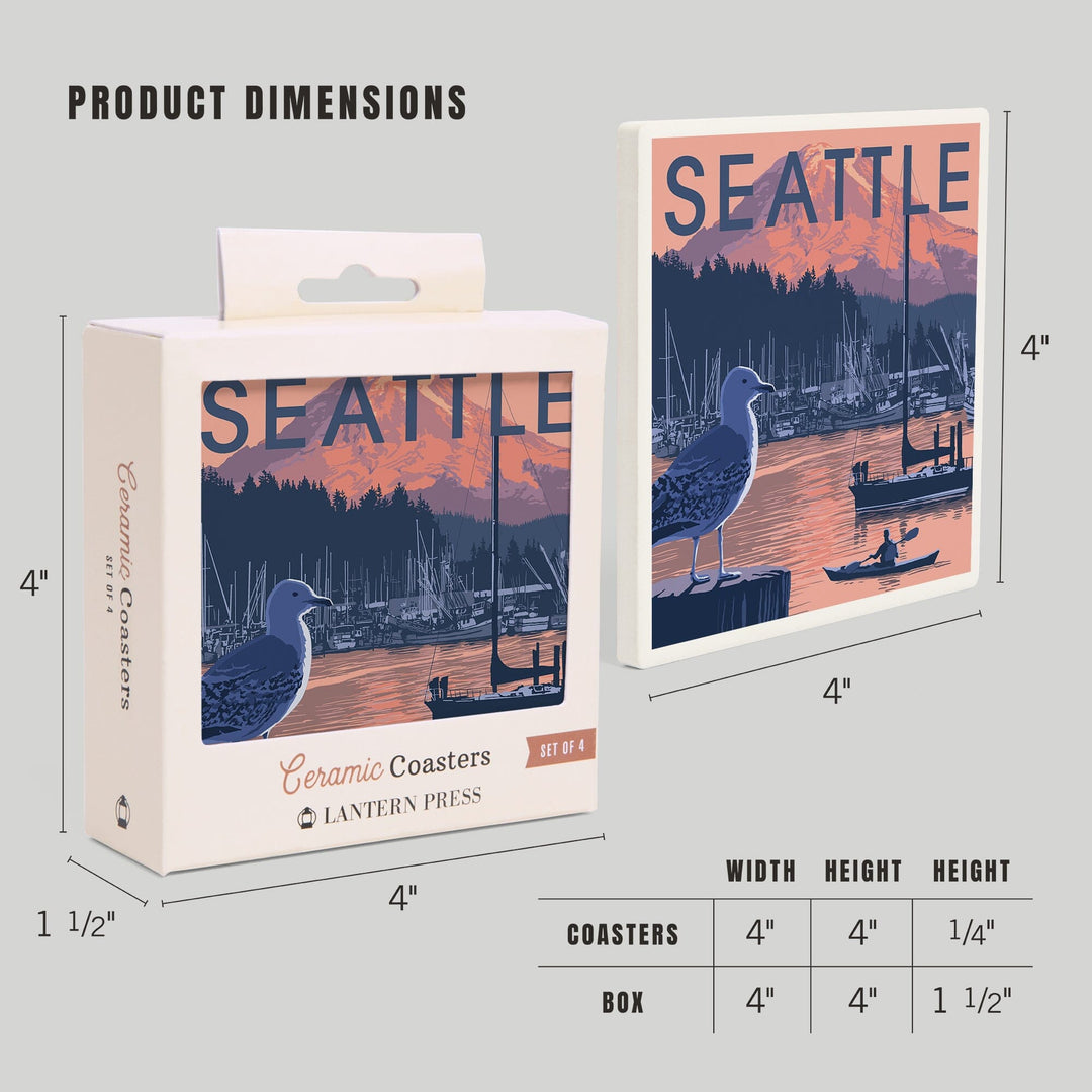 Seattle, Washington, Marina and Rainier at Sunset, Coasters Coasters Lantern Press