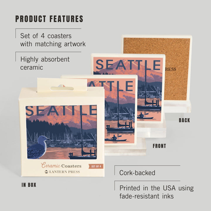 Seattle, Washington, Marina and Rainier at Sunset, Coasters Coasters Lantern Press