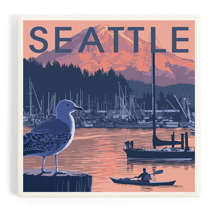 Seattle, Washington, Marina and Rainier at Sunset, Coasters Coasters Lantern Press