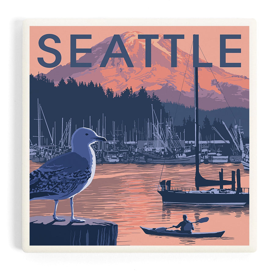 Seattle, Washington, Marina and Rainier at Sunset, Coasters Coasters Lantern Press
