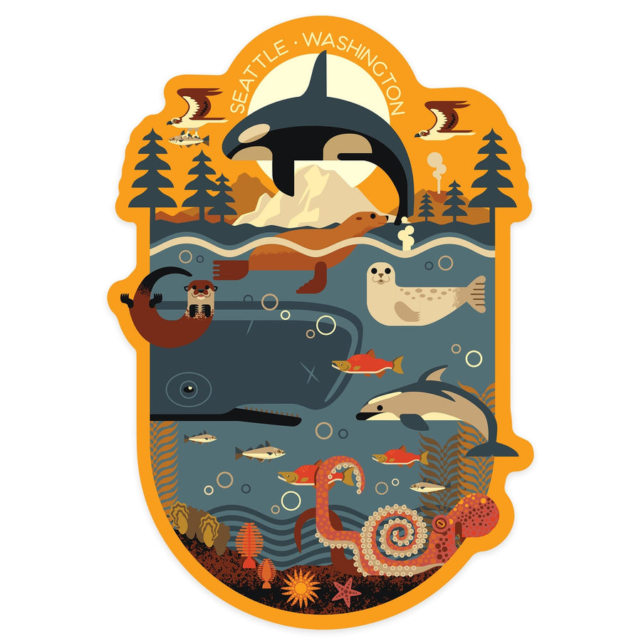 Seattle, Washington, Marine Animals, Geometric, Contour, Lantern Press Artwork, Vinyl Sticker Sticker Lantern Press