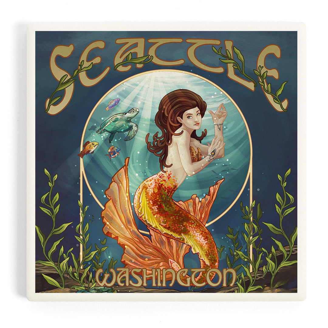 Seattle, Washington, Mermaid Scene, Coasters Coasters Lantern Press Coaster