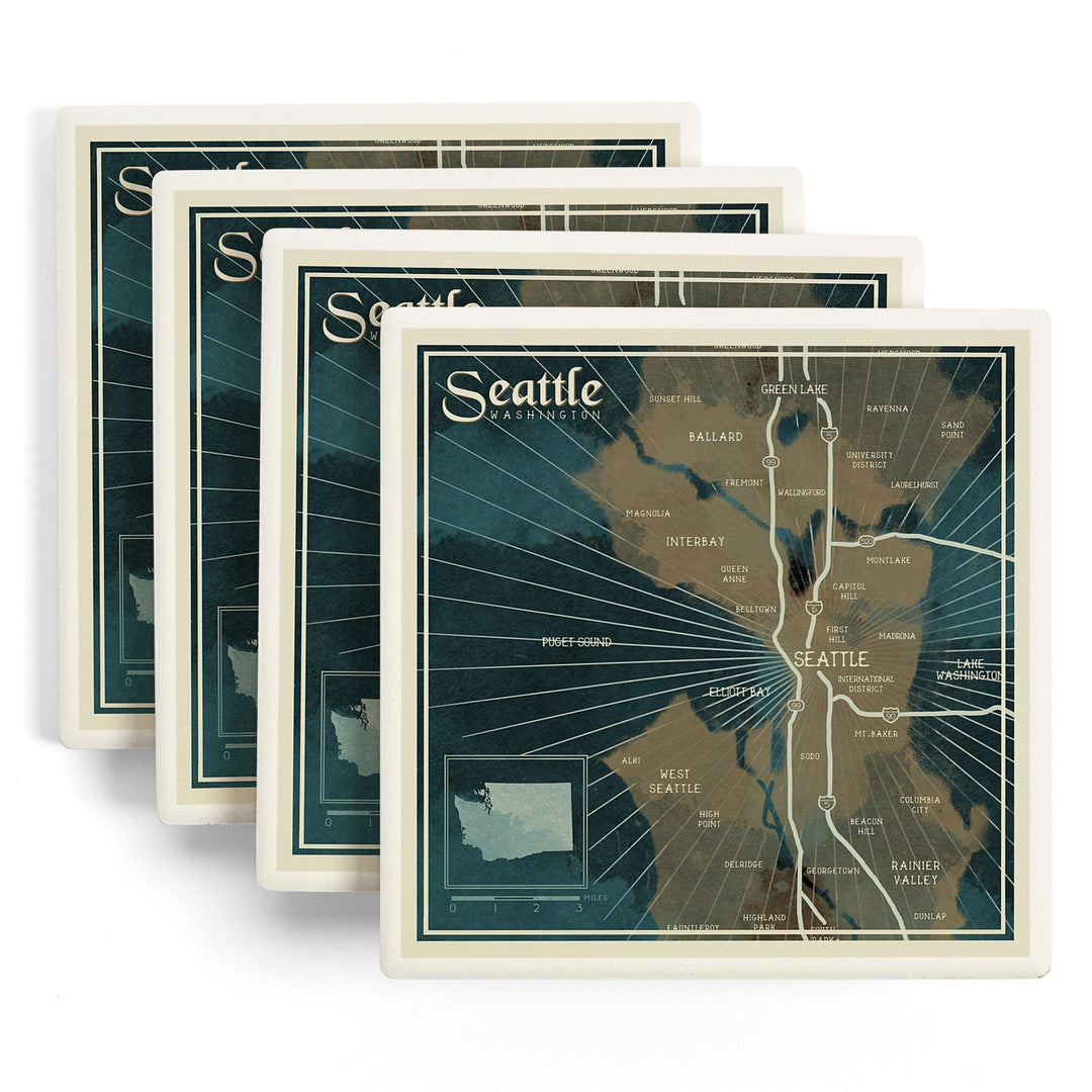 Seattle, Washington, Nautical Map, Coasters Coasters Lantern Press