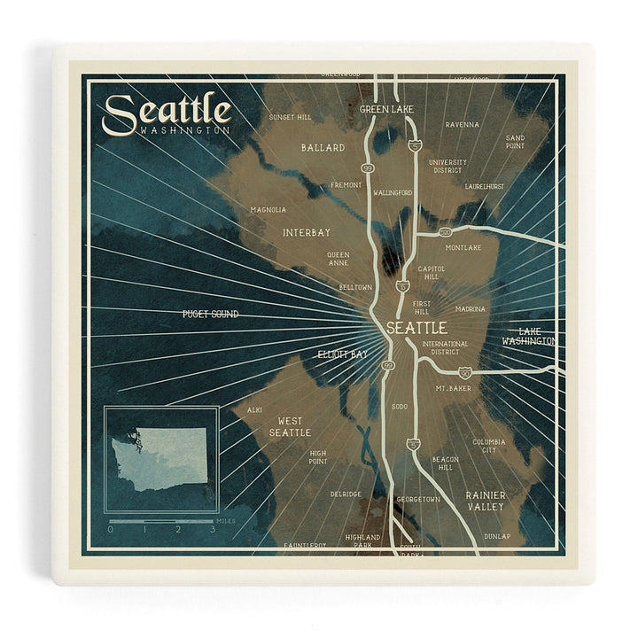 Seattle, Washington, Nautical Map, Coasters Coasters Lantern Press