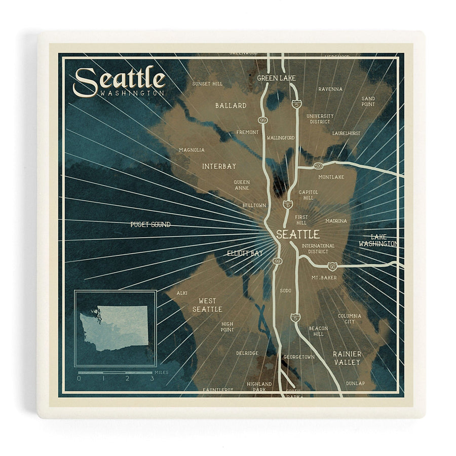 Seattle, Washington, Nautical Map, Coasters Coasters Lantern Press
