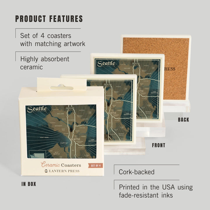 Seattle, Washington, Nautical Map, Coasters Coasters Lantern Press