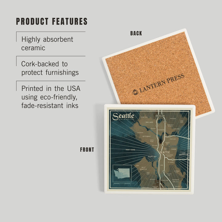 Seattle, Washington, Nautical Map, Coasters Coasters Lantern Press