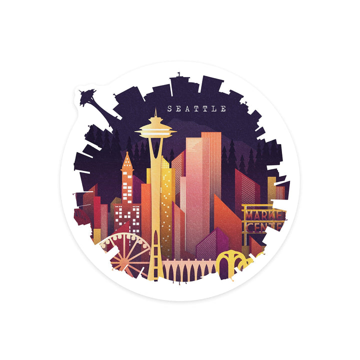 Seattle, Washington, Neon Skyline, Contour, Lantern Press Artwork, Vinyl Sticker Sticker Lantern Press