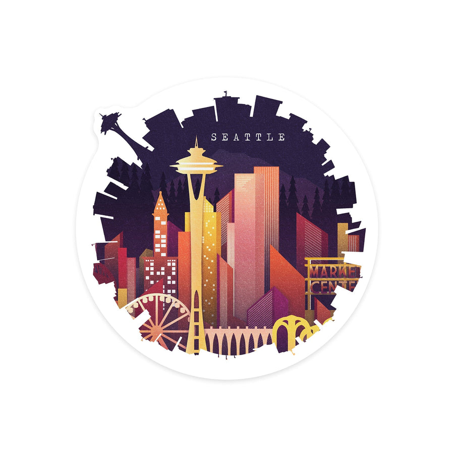Seattle, Washington, Neon Skyline, Contour, Lantern Press Artwork, Vinyl Sticker Sticker Lantern Press