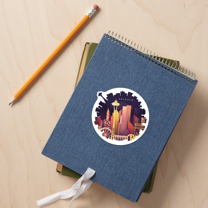 Seattle, Washington, Neon Skyline, Contour, Lantern Press Artwork, Vinyl Sticker Sticker Lantern Press