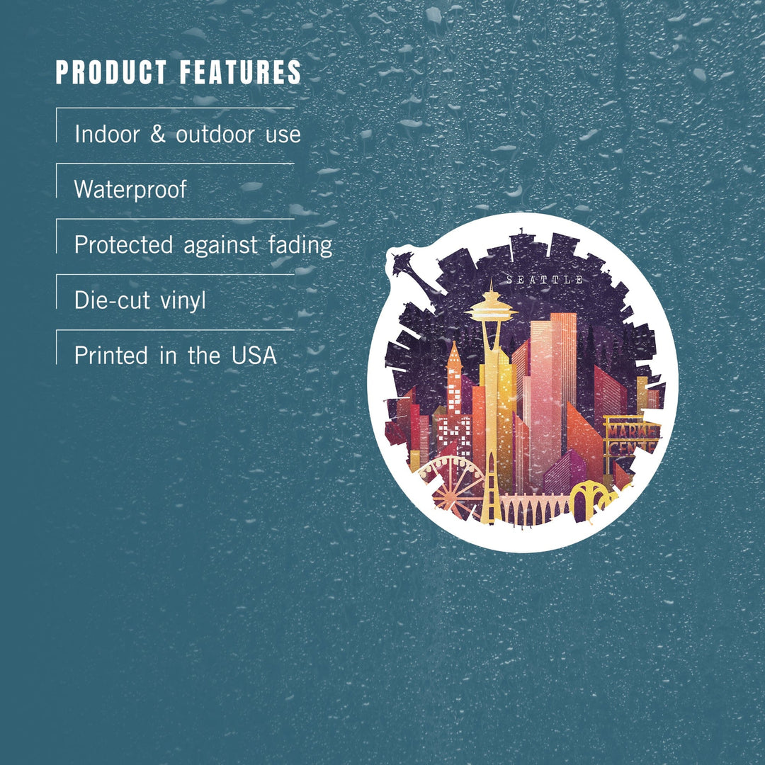 Seattle, Washington, Neon Skyline, Contour, Lantern Press Artwork, Vinyl Sticker Sticker Lantern Press