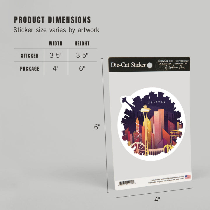 Seattle, Washington, Neon Skyline, Contour, Lantern Press Artwork, Vinyl Sticker Sticker Lantern Press