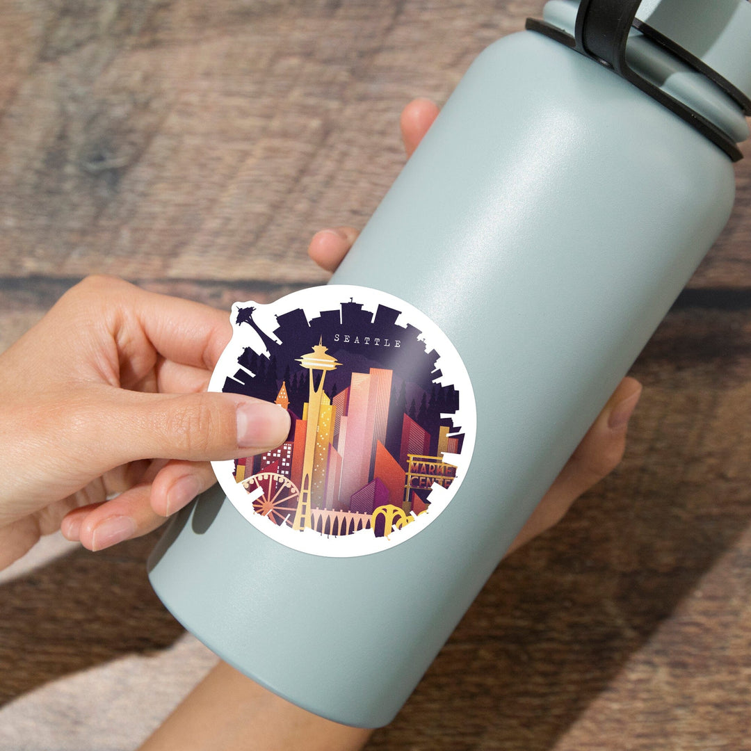 Seattle, Washington, Neon Skyline, Contour, Lantern Press Artwork, Vinyl Sticker Sticker Lantern Press