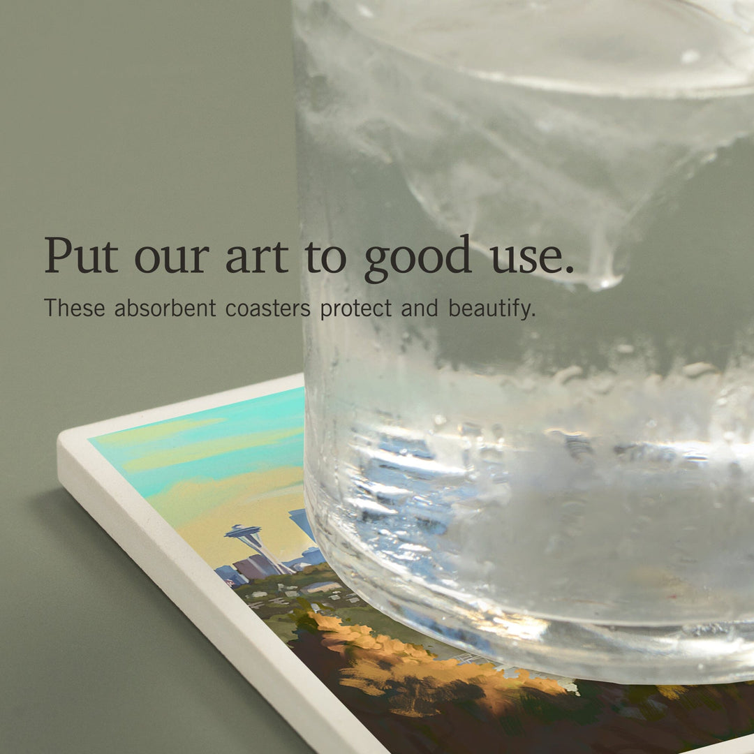 Seattle, Washington, Oil Painting, Skyline, Coasters Coasters Lantern Press