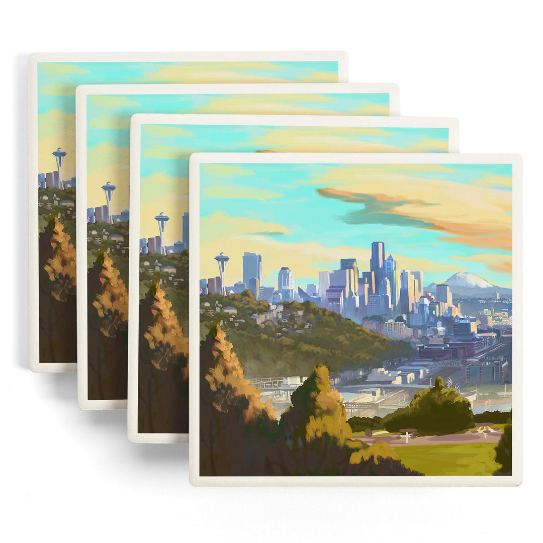 Seattle, Washington, Oil Painting, Skyline, Coasters Coasters Lantern Press