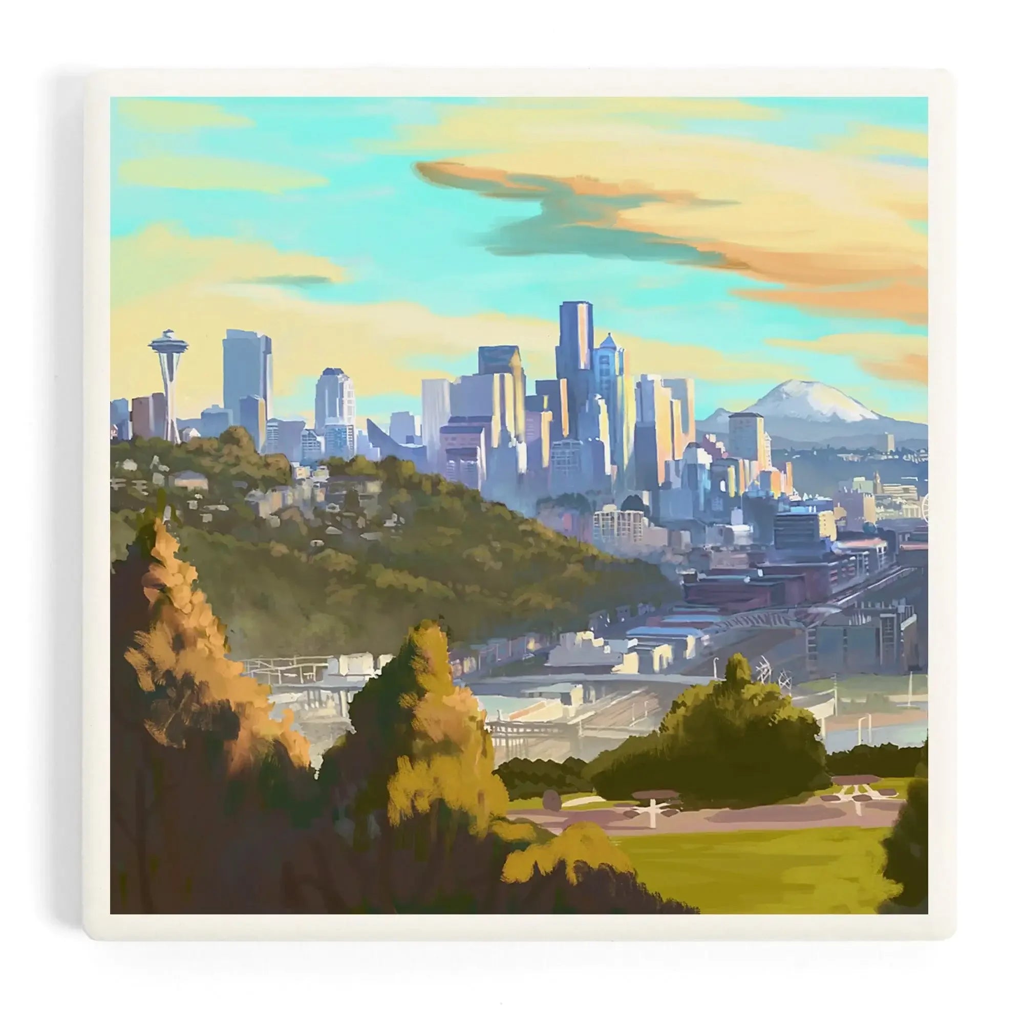 Seattle, Washington, Oil Painting, Skyline ceramic coaster set