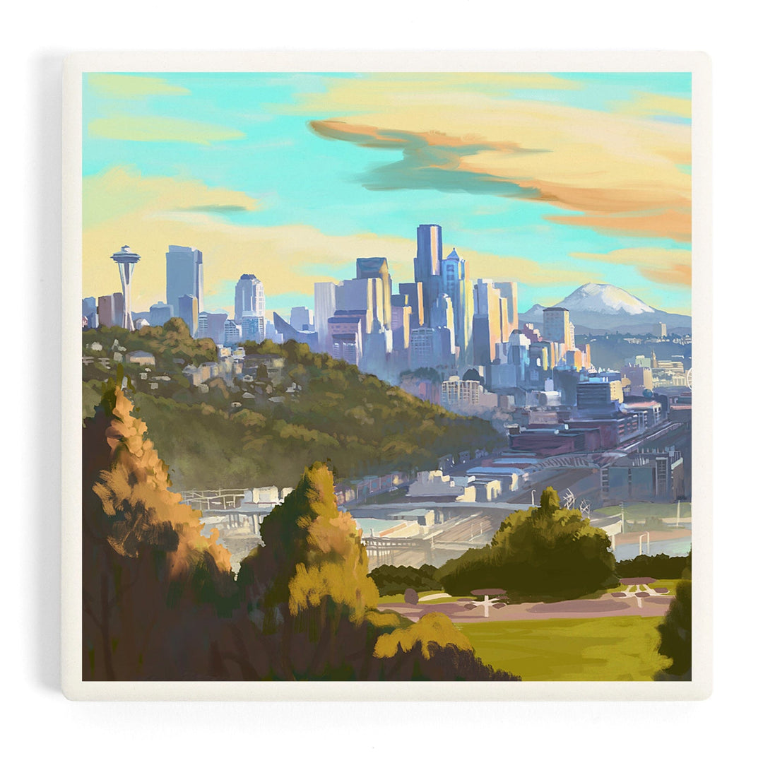 Seattle, Washington, Oil Painting, Skyline, Coasters Coasters Lantern Press