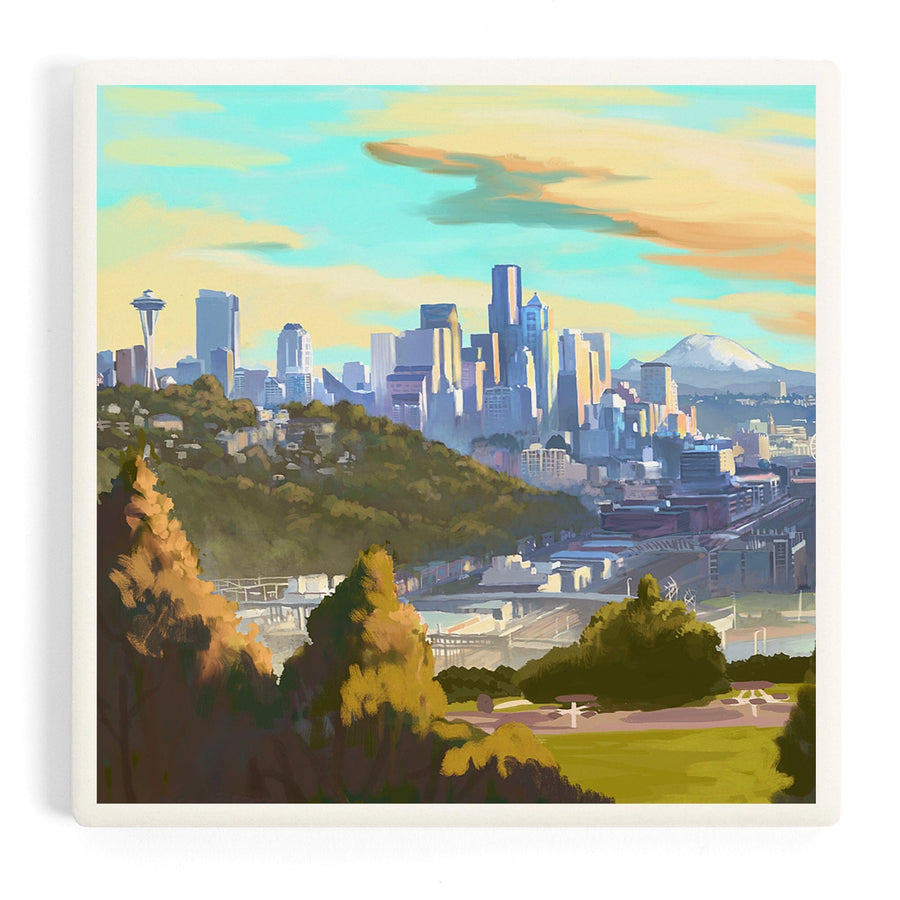 Seattle, Washington, Oil Painting, Skyline, Coasters Coasters Lantern Press