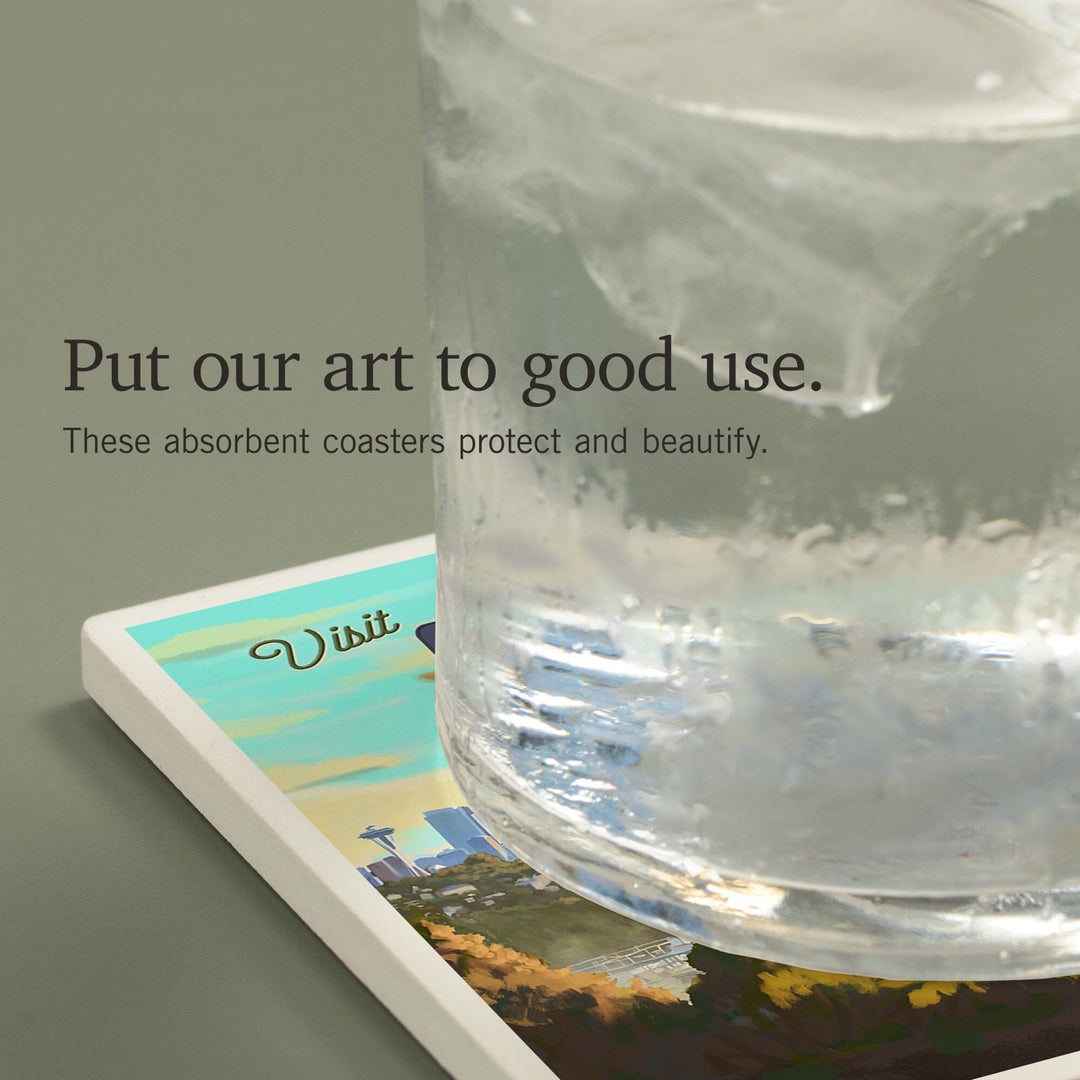 Seattle, Washington, Oil Painting, Visit Seattle, Skyline, Coasters Coasters Lantern Press