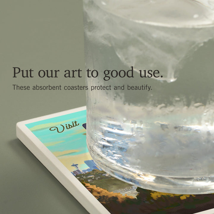 Seattle, Washington, Oil Painting, Visit Seattle, Skyline, Coasters Coasters Lantern Press