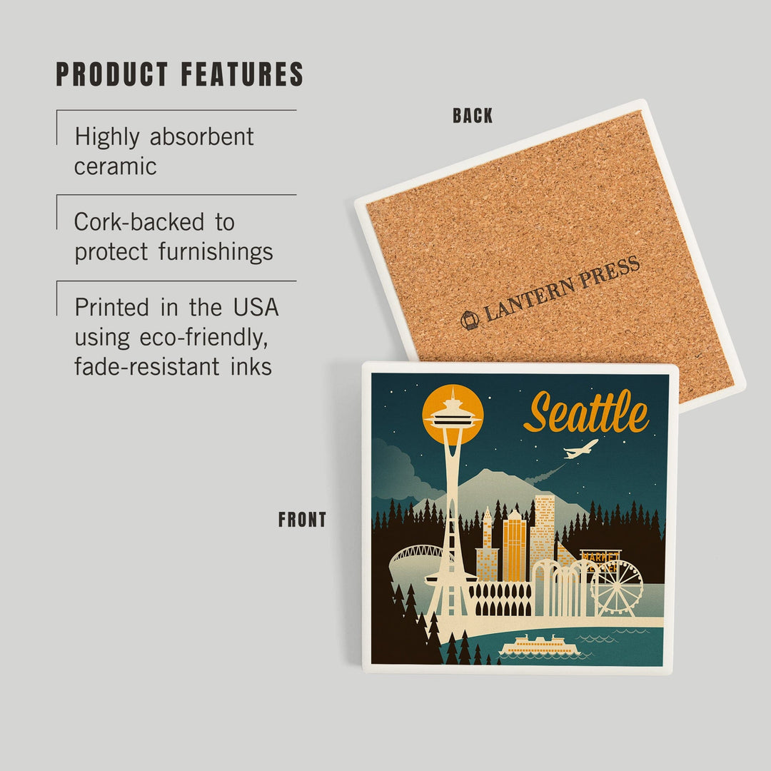 Seattle, Washington, Retro Skyline, Coasters Coasters Lantern Press