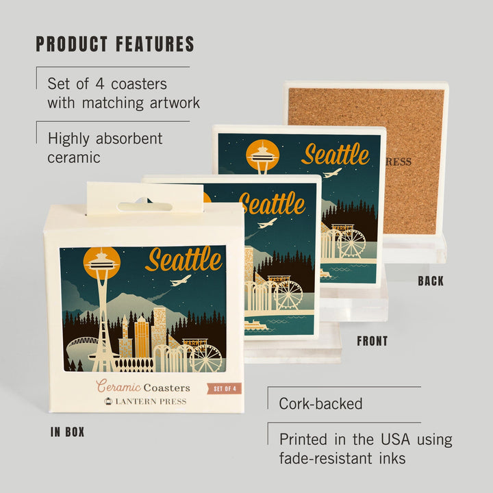 Seattle, Washington, Retro Skyline, Coasters Coasters Lantern Press
