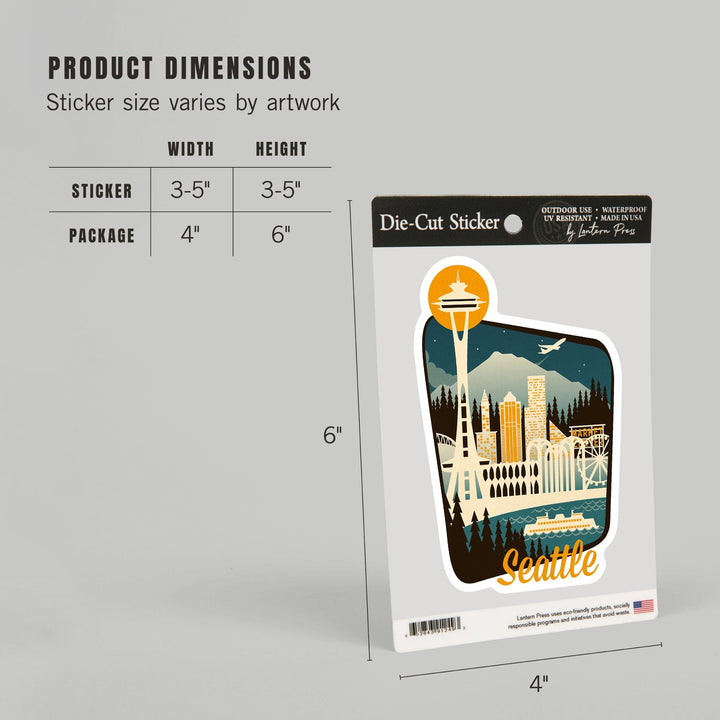 Seattle, Washington, Retro Skyline, Contour, Lantern Press Artwork, Vinyl Sticker Sticker Lantern Press