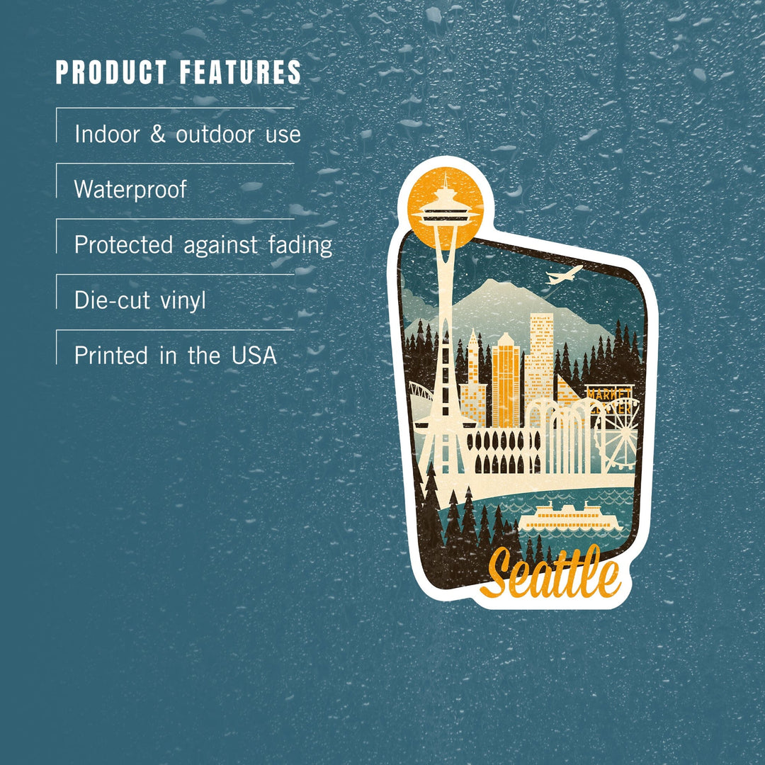 Seattle, Washington, Retro Skyline, Contour, Lantern Press Artwork, Vinyl Sticker Sticker Lantern Press