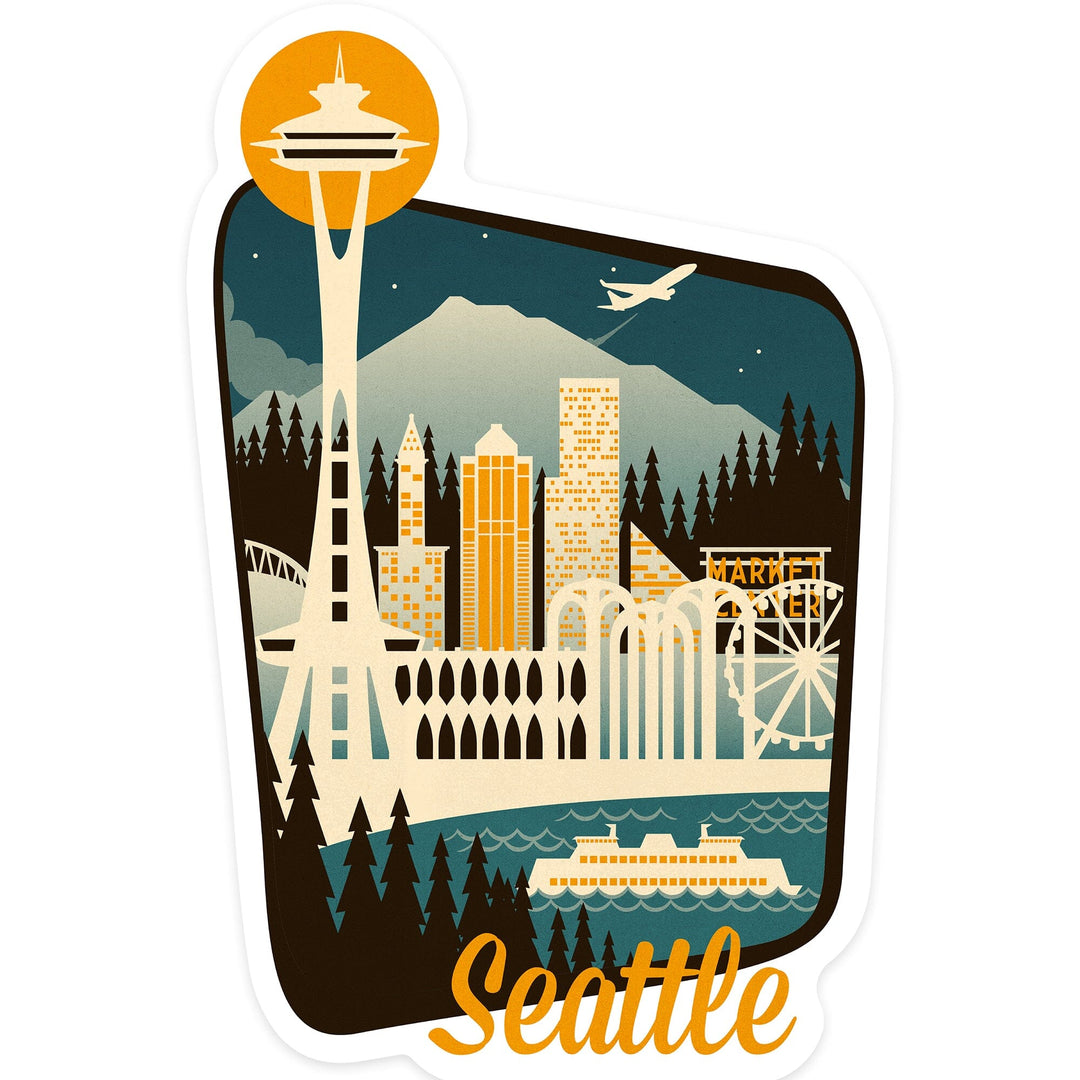 Seattle, Washington, Retro Skyline, Contour, Lantern Press Artwork, Vinyl Sticker Sticker Lantern Press