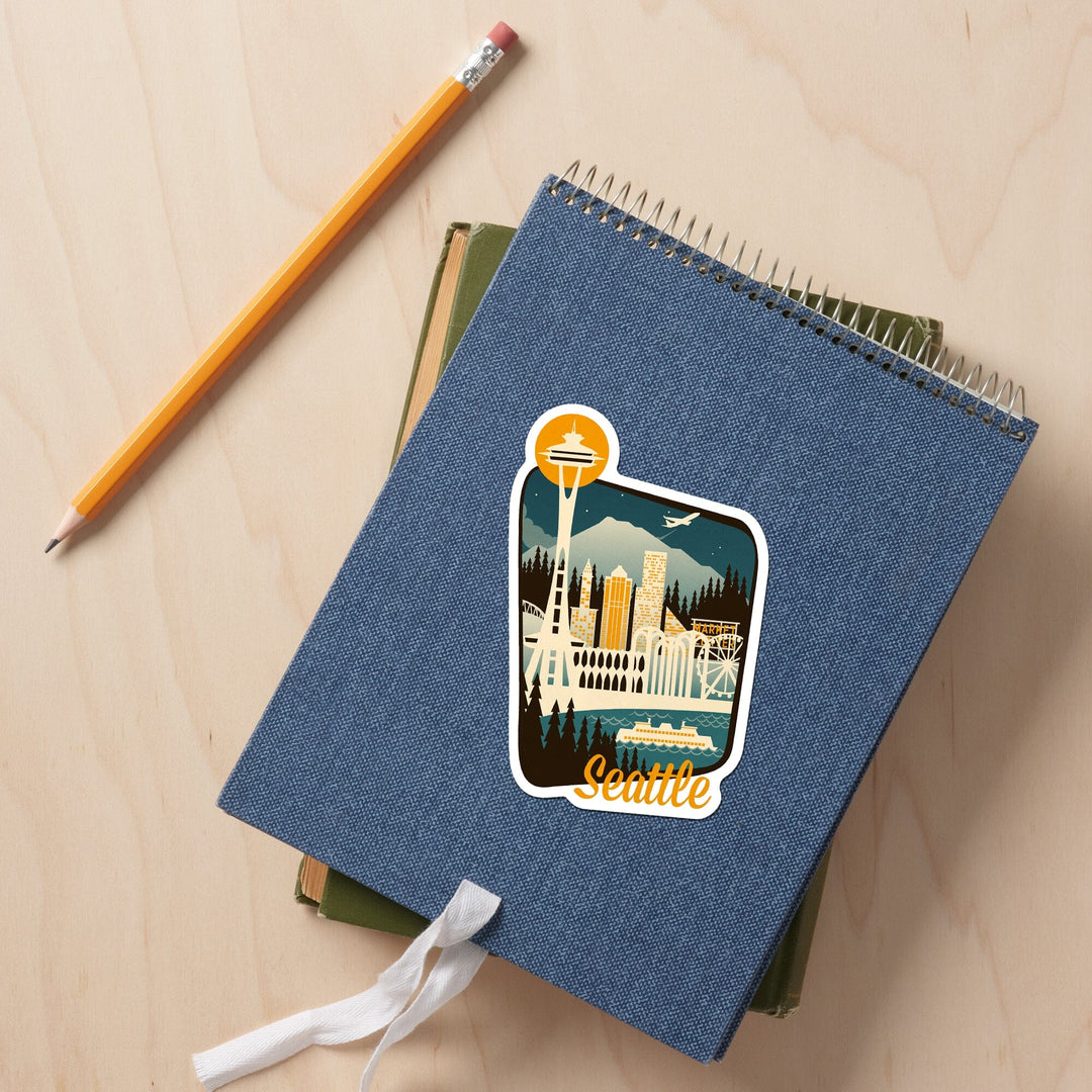 Seattle, Washington, Retro Skyline, Contour, Lantern Press Artwork, Vinyl Sticker Sticker Lantern Press