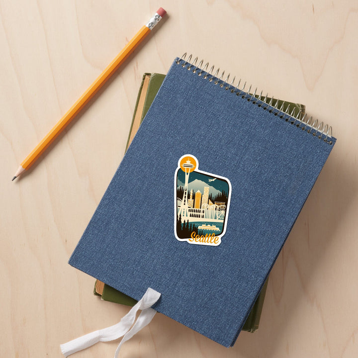 Seattle, Washington, Retro Skyline, Contour, Lantern Press Artwork, Vinyl Sticker Sticker Lantern Press