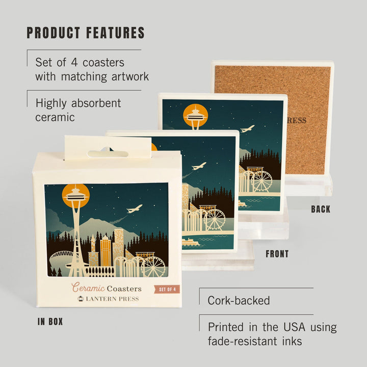 Seattle, Washington, Retro Skyline (no text), Coasters Coasters Lantern Press