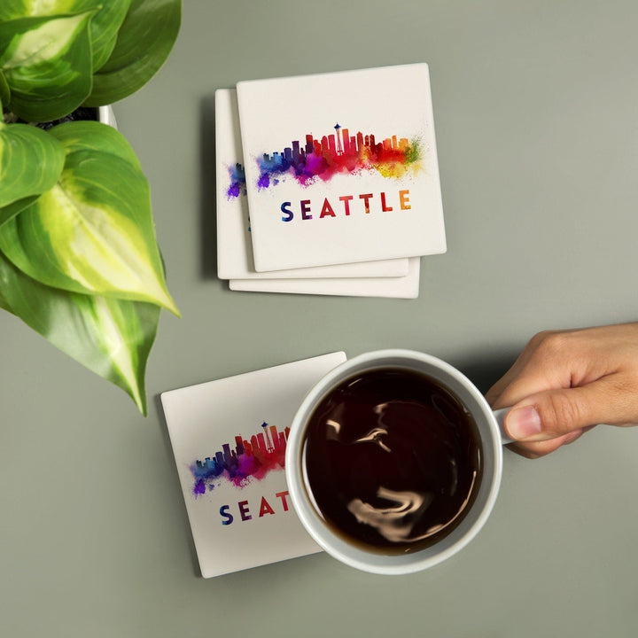 Seattle, Washington, Skyline Abstract, Tan, Coasters Coasters Lantern Press