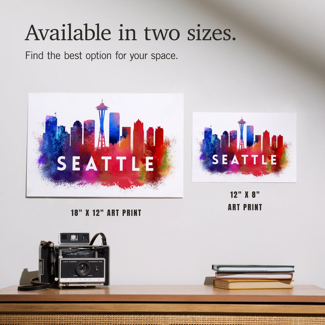 Seattle, Washington, Skyline Abstract (White), Indigos and Reds, Art & Giclee Prints Art Lantern Press
