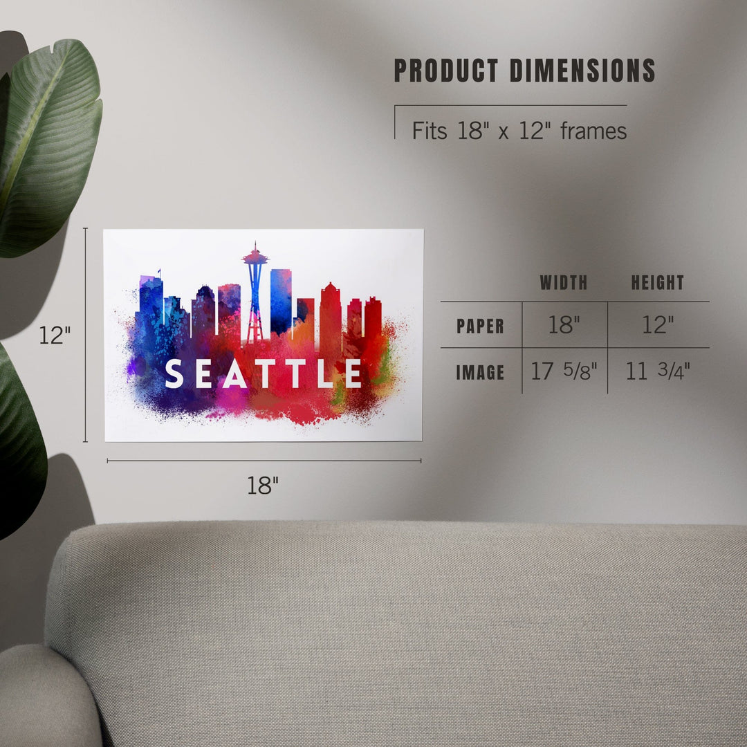 Seattle, Washington, Skyline Abstract (White), Indigos and Reds, Art & Giclee Prints Art Lantern Press