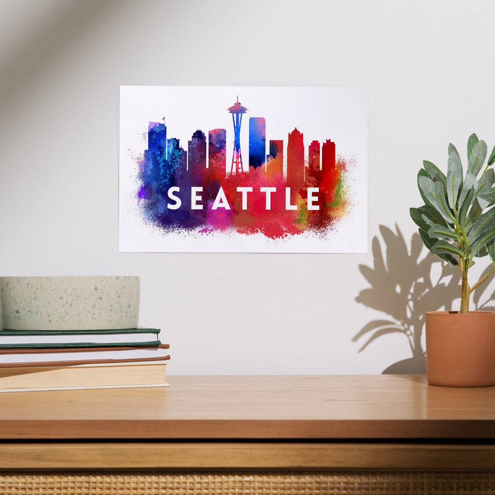 Seattle, Washington, Skyline Abstract (White), Indigos and Reds, Art & Giclee Prints Art Lantern Press