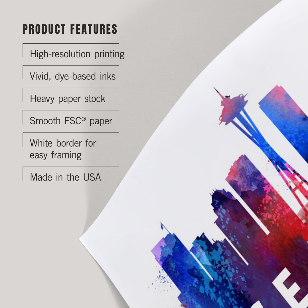 Seattle, Washington, Skyline Abstract (White), Indigos and Reds, Art & Giclee Prints Art Lantern Press